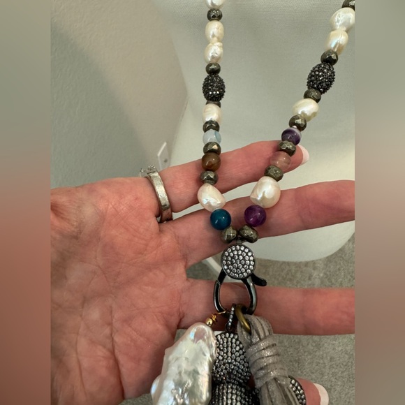 Long Pearl Multigem Necklace with Charms - Picture 3 of 5